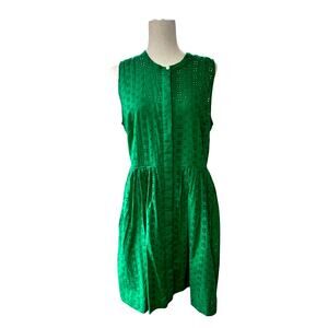 J. Crew GREEN 100% Cotton Eyelet Midi Dress Sleeveless Pockets Size Large